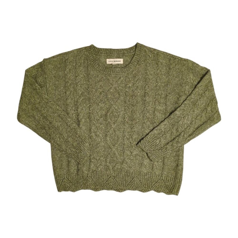 Lucky Brand Women's Lightweight Scallop Edge Hemmed Cable Knit Sweater - Olive